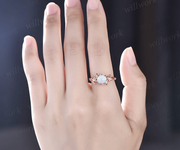 Round opal ring for women unique dainty vintage opal engagement ring leaf flower art deco 14k rose gold silver wedding bridal promise ring