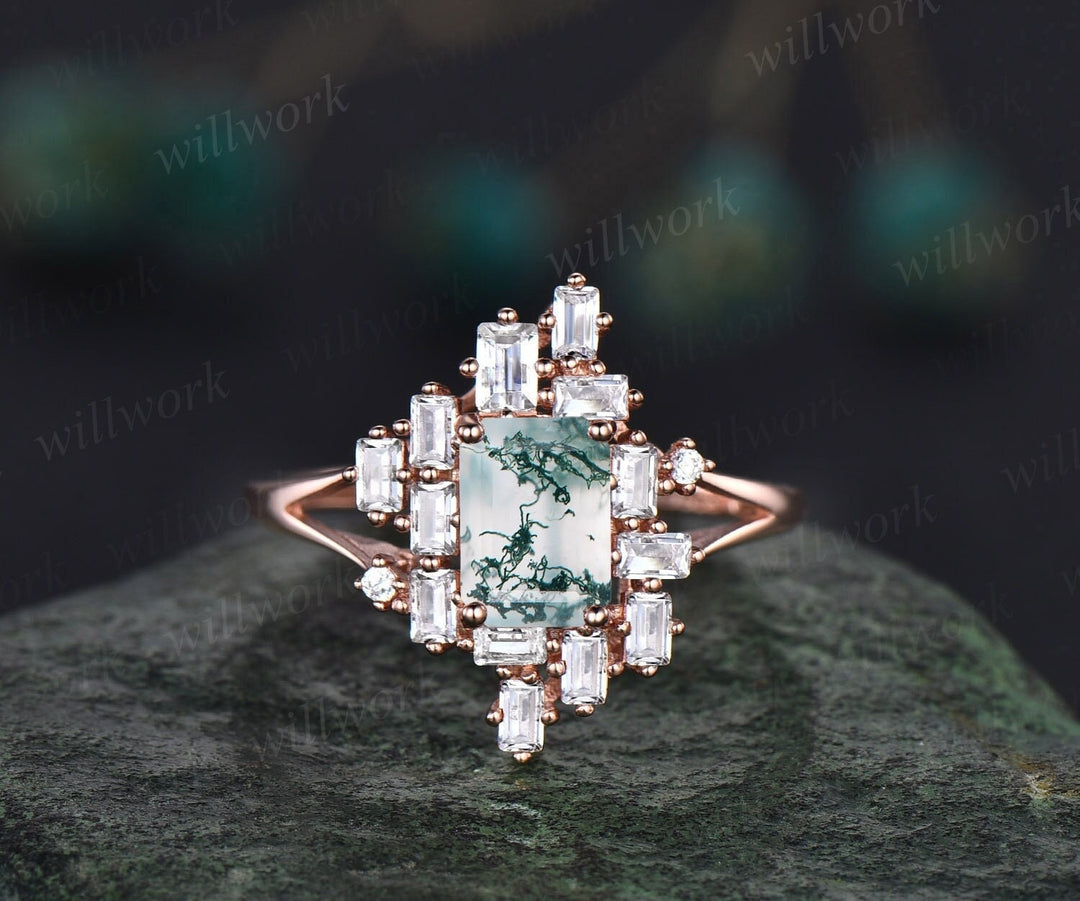 Emerald cut green moss agate engagement ring rose gold unique baguette cut engagement ring split shank moissanite promise wedding ring women