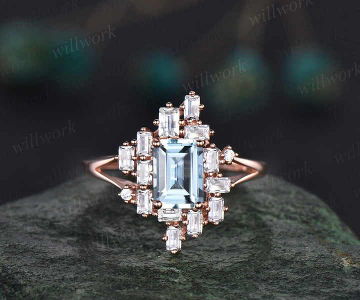 Aquamarine ring Emerald cut aquamarine engagement ring unique cluster split shank engagement ring vintage baguette cut diamond ring women