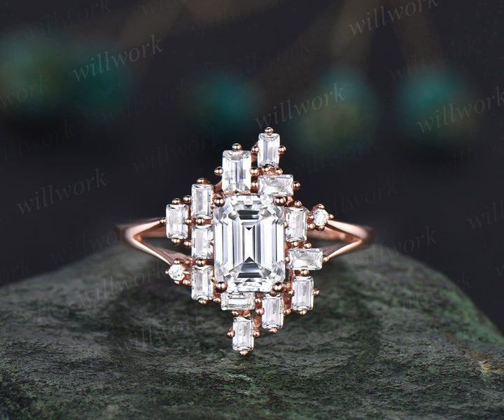 Moissanite ring gold vintage Emerald cut moissanite engagement ring unique cluster baguette cut engagement ring split shank wedding ring