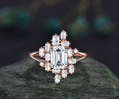 Moissanite ring gold vintage Emerald cut moissanite engagement ring unique cluster baguette cut engagement ring split shank wedding ring