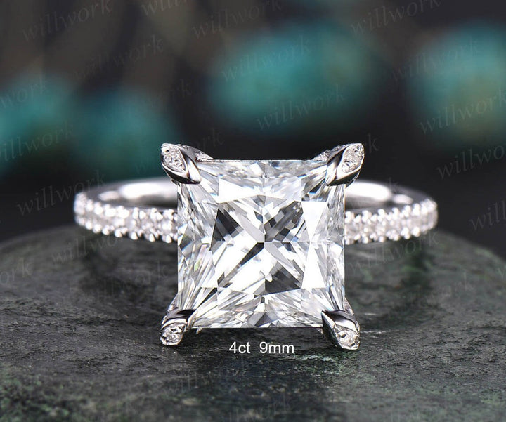 4ct moissanite ring vintage princess cut moissanite engagement ring 14k rose gold unique pyramid under halo basket diamond ring women her