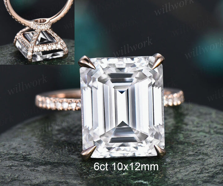 6ct 10x12mm emerald cut moissanite engagement ring 14k rose gold under halo basket diamond ring unique wedding promise ring women jewelry