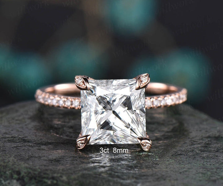 4ct moissanite ring vintage princess cut moissanite engagement ring 14k rose gold unique pyramid under halo basket diamond ring women her