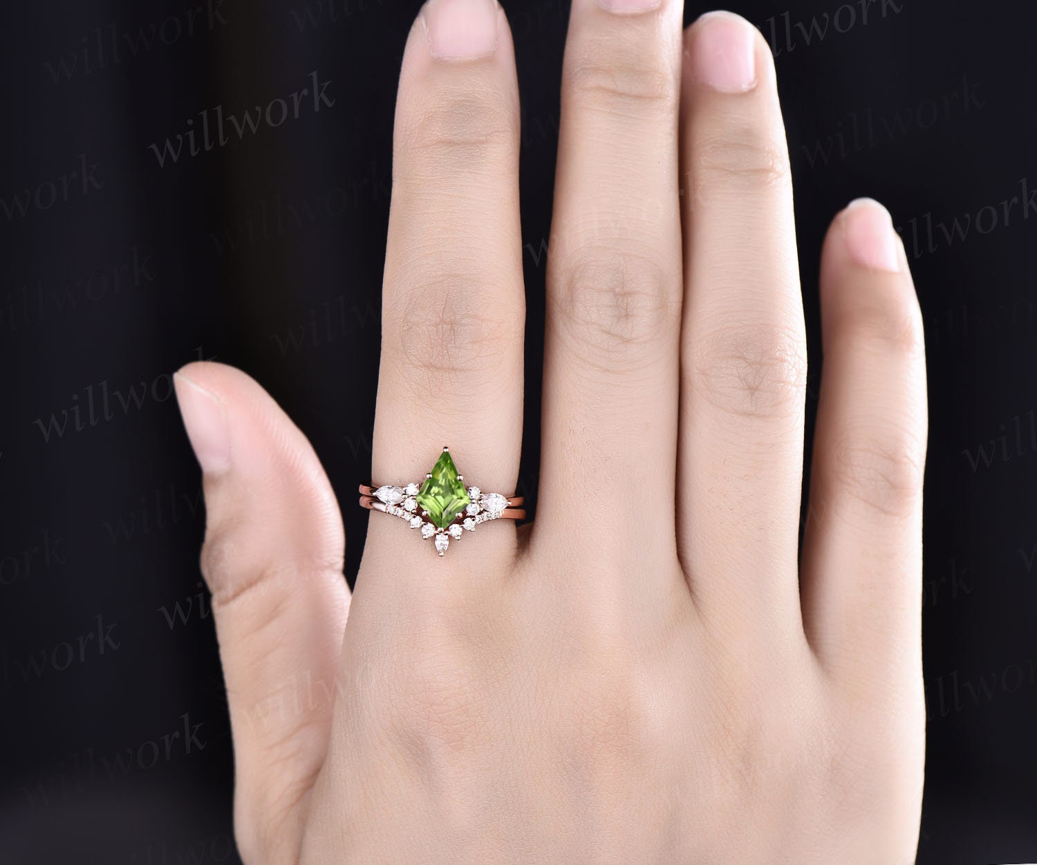 Antique Vintage Art deco Peridot Wedding Ring set, Black Gold Kite Shape Bridal Ring set, Peridot outlet Kite Shape Engagement Ring set for Woman