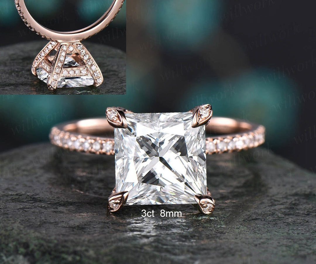 Halo Diamond Pear Moissanite Engagement Ring Rose Gold Cluster Ring Platinum / 5.5