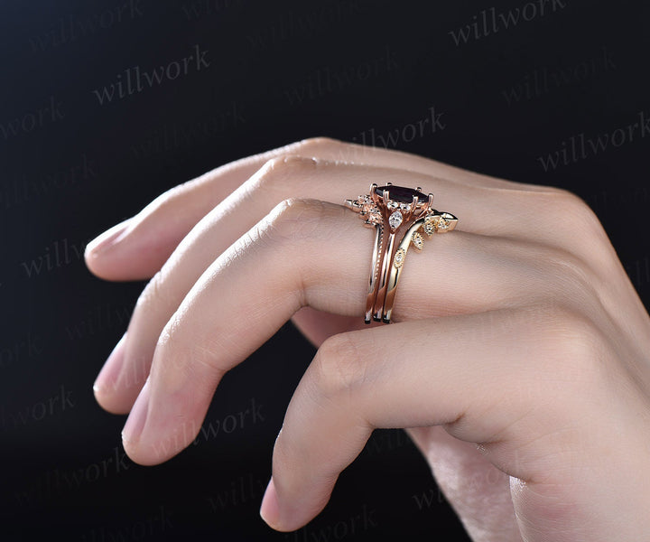 Alexandrite ring gold unique Long hexagon cut Alexandrite engagement ring set art deco diamond ring bridal wedding ring set women jewelry