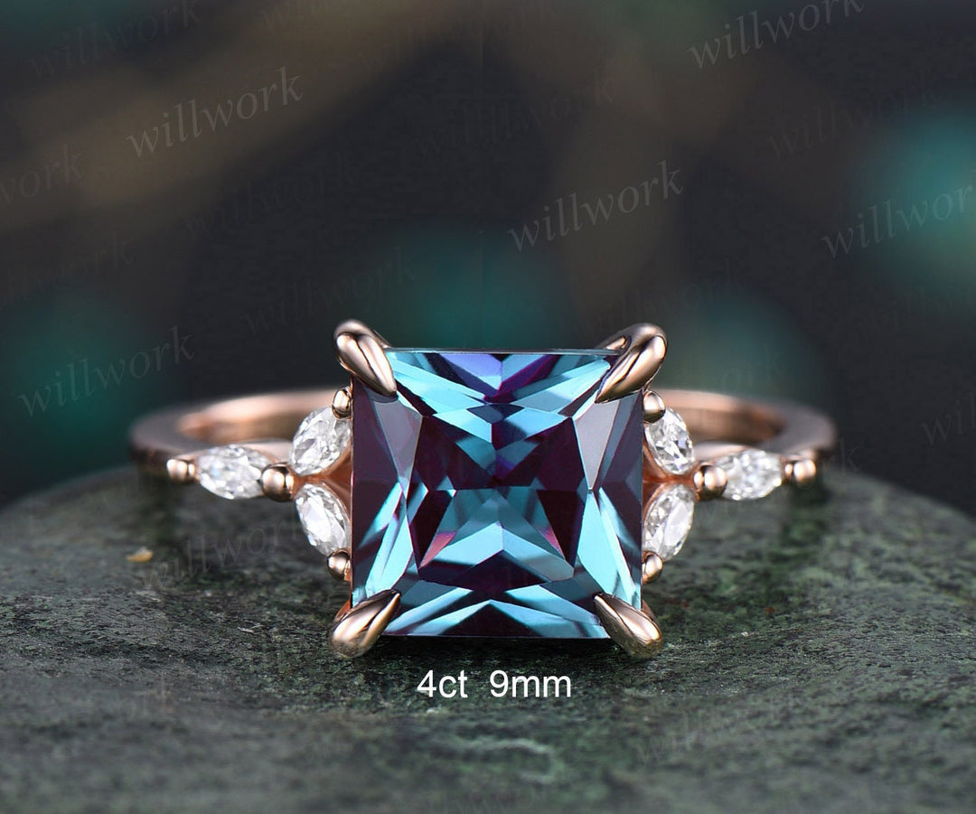 4ct Alexandrite ring unique princess cut engagement ring 14k rose gold flower marquise cut diamond ring women promise anniversary ring gifts