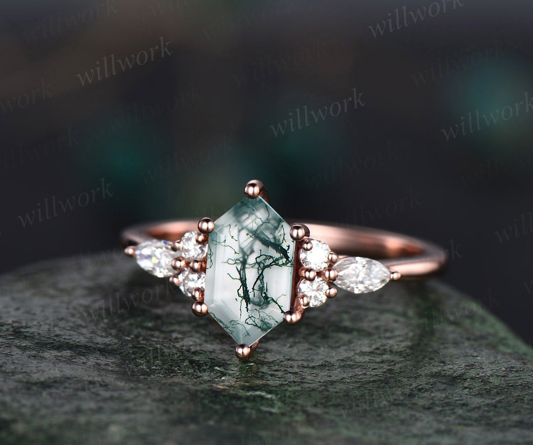 Green moss agate ring set vintage Long hexagon cut moss agate engagement ring set diamond ring rose gold unique anniversary ring set women
