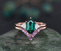 Amethyst emerald ring set women vintage three stone engagement ring set solid 14k rose gold 6 prong moissanite promise ring set her gifts