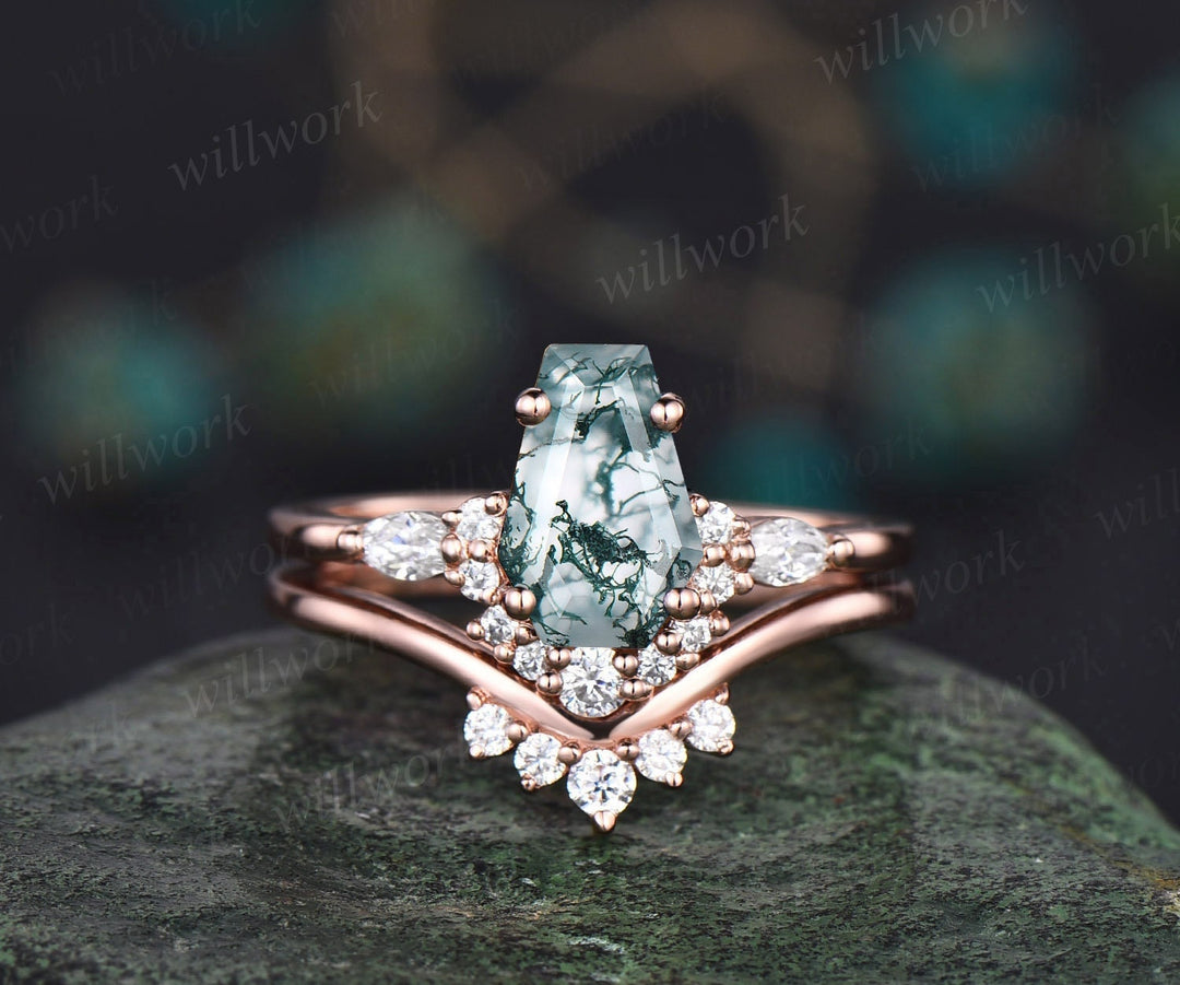 Vintage Coffin shaped green moss agate engagement ring 14k rose gold silver art deco diamond promise anniversary wedding ring set women gift