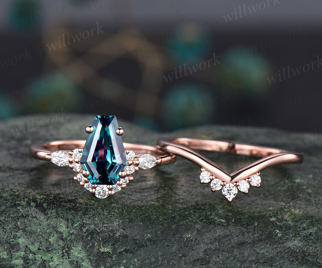 Coffin shaped Alexandrite ring unique engagement ring rose gold marquise cut diamond ring for women stacking promise wedding ring set gifts