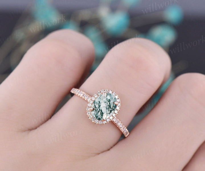 Diamond halo engagement ring vintage oval cut moss agate engagement ring for women 14k rose gold dainty bridal promise ringfine  jewelry