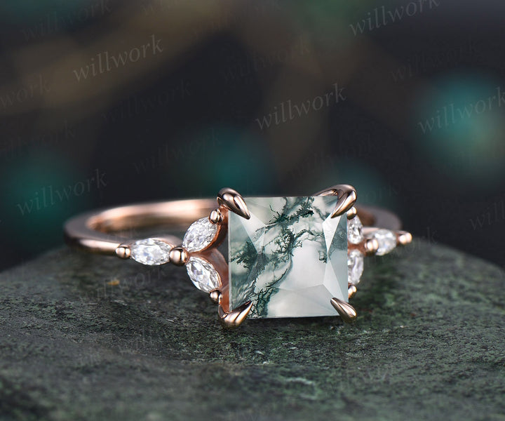 2ct Princess cut moss agate ring rose gold vintage green moss agate engagement ring cluster art deco diamond ring promise wedding ring women