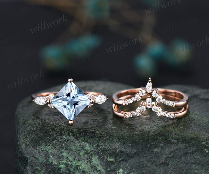 Vintage princess cut aquamarine engagement ring set rose gold unique engagement ring art deco moissanite promise wedding ring set for women