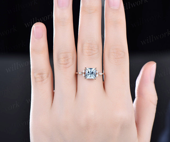 2ct Princess cut aquamarine aquamarine engagement ring rose gold unique cluster engagement ring art deco diamond promise wedding ring women
