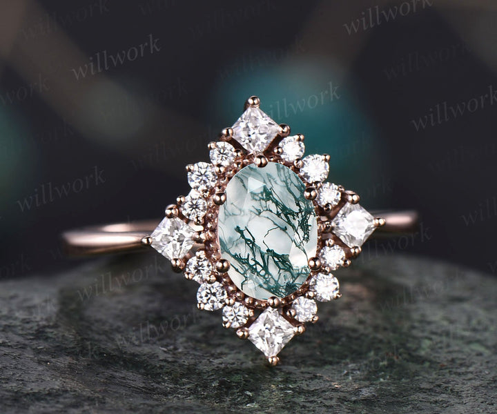 Green moss agate wedding ring women 1ct oval moss agate engagement ring rose gold halo princess cut moissanite ring 6 prong promise ring