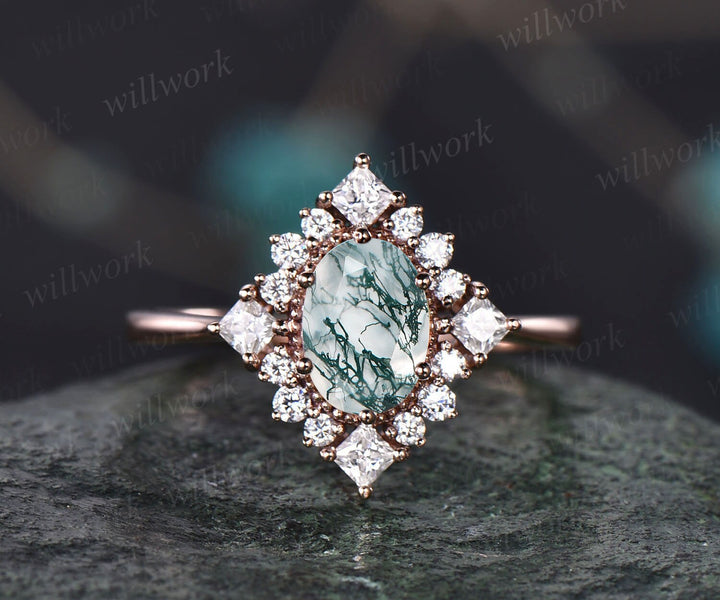 Green moss agate wedding ring women 1ct oval moss agate engagement ring rose gold halo princess cut moissanite ring 6 prong promise ring
