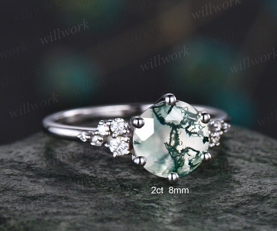 2ct Round moss agate ring vintage moss agate engagement ring white gold cluster unique snowdrift engagement ring diamond ring for women gift