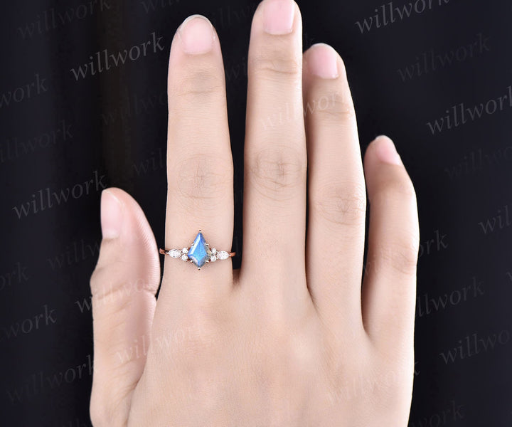 Vintage kite cut blue Labradorite engagement ring set 14k rose gold marquise cut diamond ring for women unique bridal wedding ring set gifts