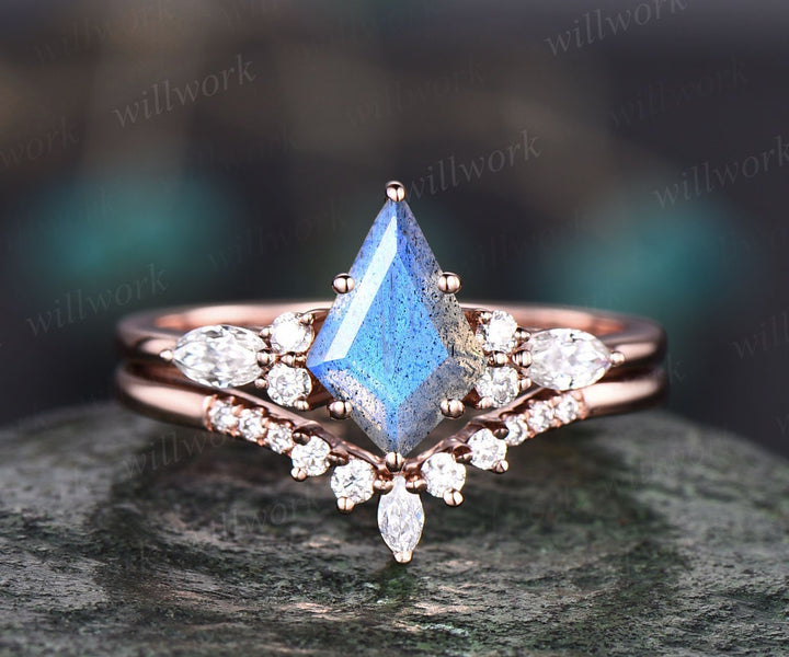 Vintage kite cut blue Labradorite engagement ring set 14k rose gold marquise cut diamond ring for women unique bridal wedding ring set gifts