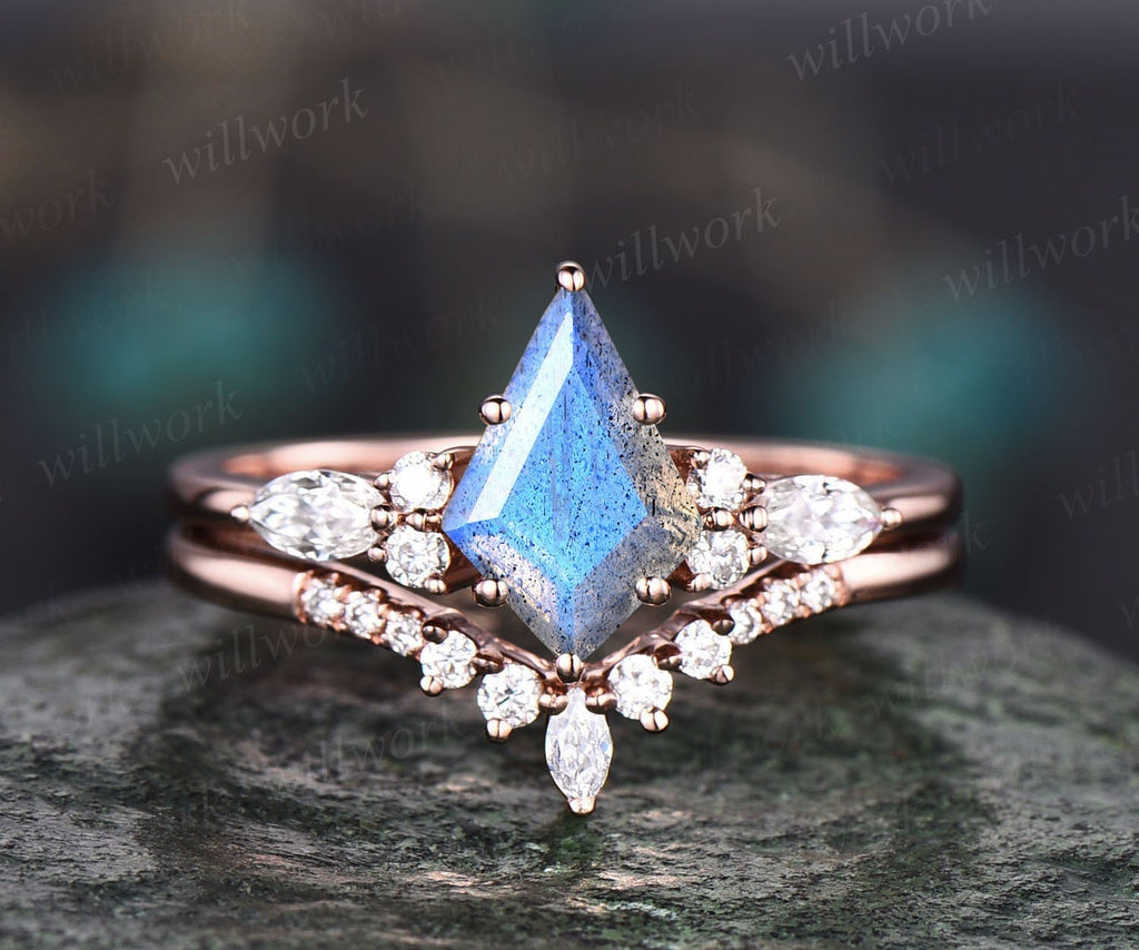 2PCS Vintage good Unique Pear Cut Sunstone Engagement Ring Set, Blue Spinel Ring, birthtone,14k rose gold, Women Unique Ring Set Gift