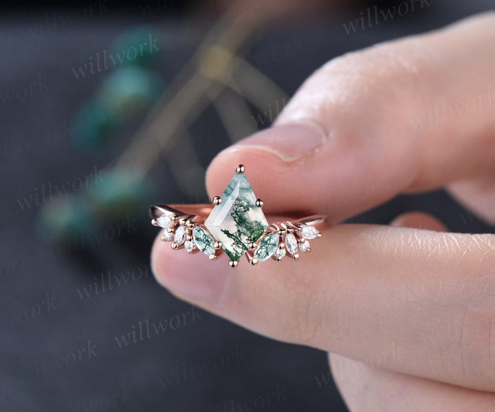 7x10mm Kite cut green moss agate engagement ring women rose gold marquise cut moss agate ring Curved diamond ring leaf wedding promise ring