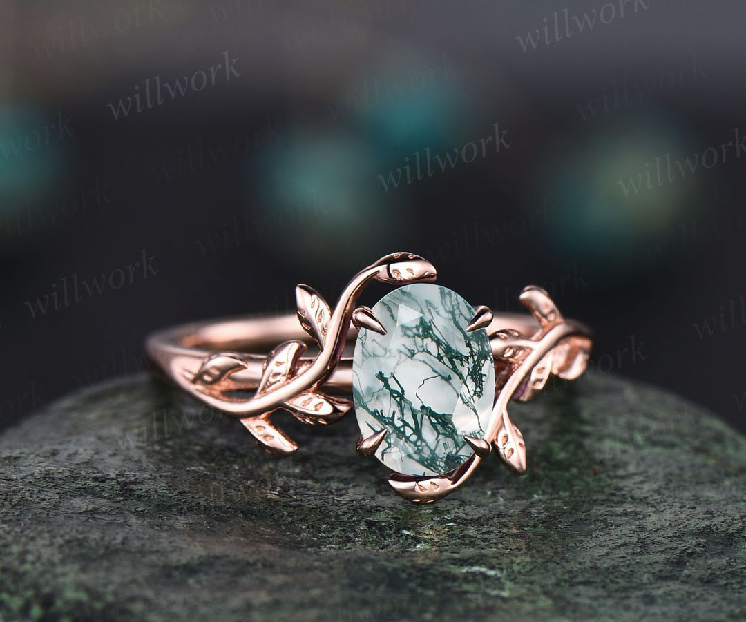 Oval cut green moss agate ring nature inspired engagement ring leaf solitaire 14k rose gold promise anniversary wedding ring women gifts