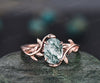 Oval cut green moss agate ring nature inspired engagement ring leaf solitaire 14k rose gold promise anniversary wedding ring women gifts