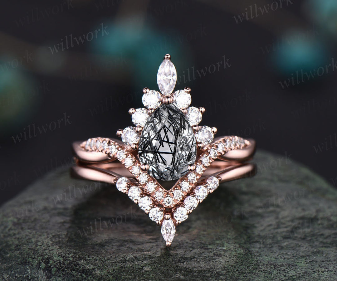 Vintage pear shaped black Rutilated Quartz engagement ring set 14k rose gold twisted infinity moissanite wedding bridal ring set women gifts