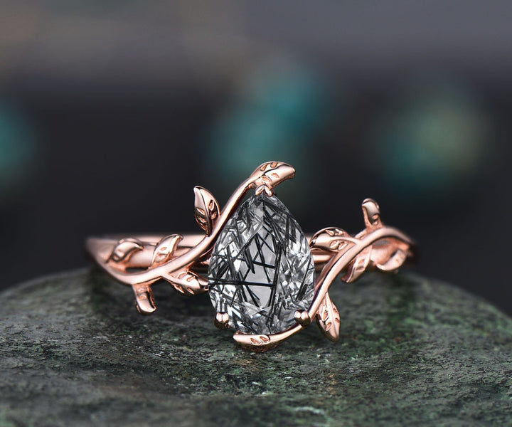 Pear shaped black rutilated quartz ring nature inspired engagement ring leaf 14k rose gold silver solitaire ring unique wedding ring women