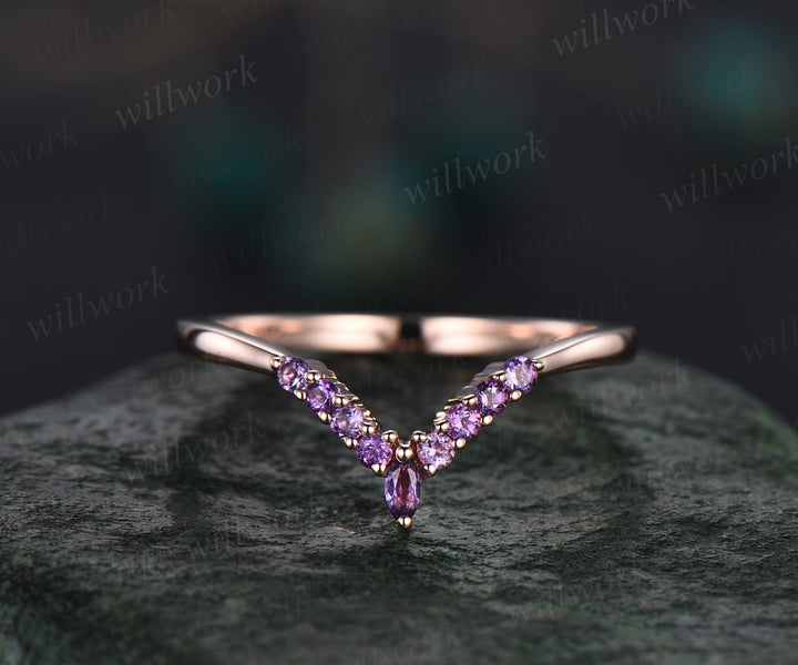 Amethyst emerald ring set women vintage three stone engagement ring set solid 14k rose gold 6 prong moissanite promise ring set her gifts