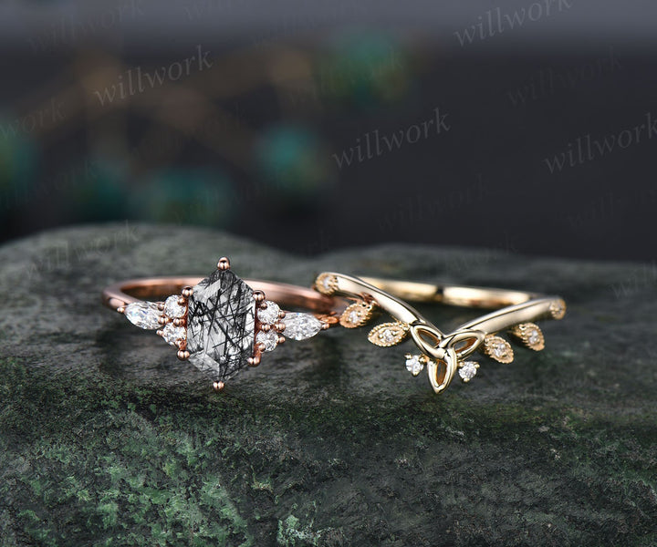 Long hexagon cut black rutilated quartz engagement ring set 14k rose gold art deco diamond ring set for women vintage marquise bridal sets