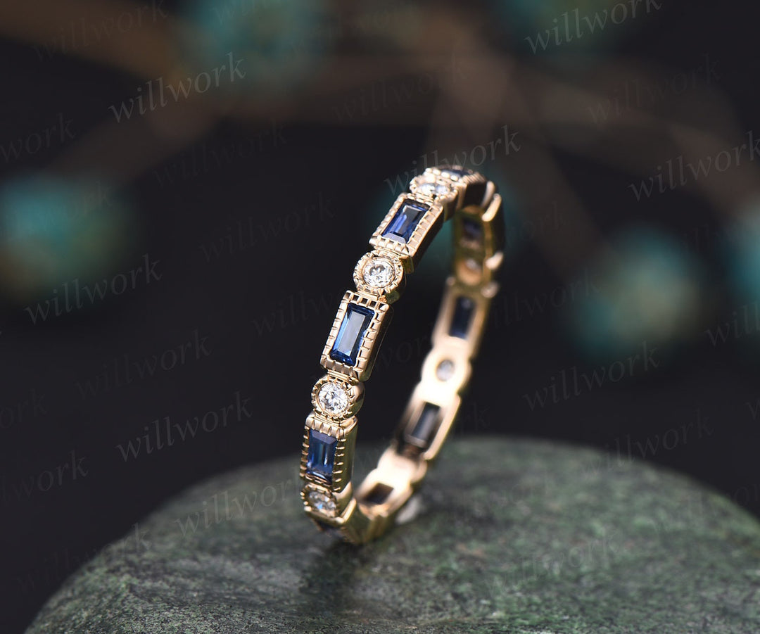 Baguette cut sapphire wedding band Milgrain full eternity diamond wedding ring band 14k yellow gold vintage unique anniversary ring gifts