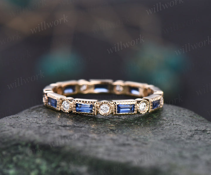 Baguette cut sapphire wedding band Milgrain full eternity diamond wedding ring band 14k yellow gold vintage unique anniversary ring gifts