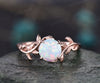 Round opal ring for women unique dainty vintage opal engagement ring leaf flower art deco 14k rose gold silver wedding bridal promise ring