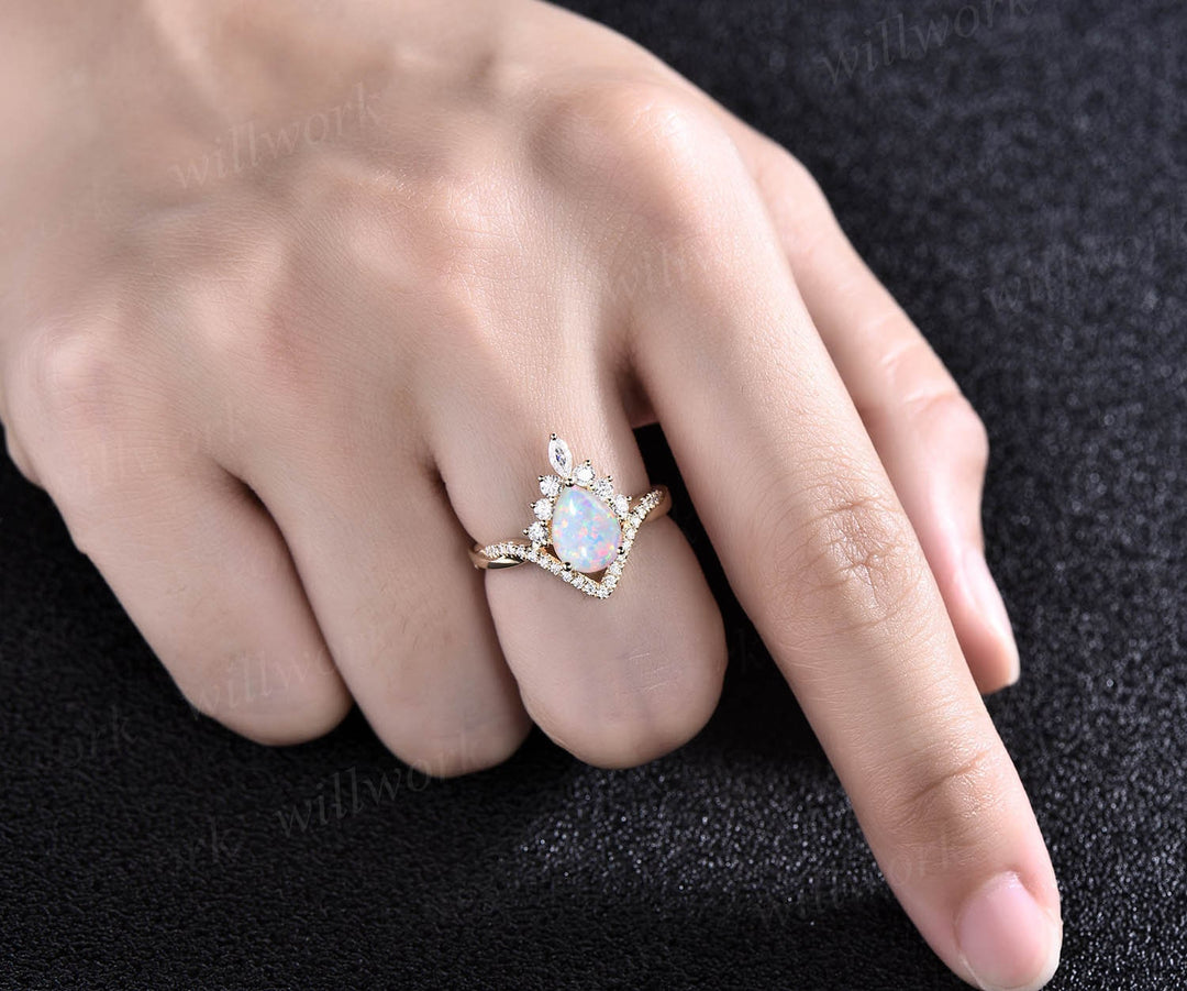 Opal ring gold women vintage pear opal engagement ring set rose gold marquise ring set Twisted moissanite ring dainty custom wedding ring