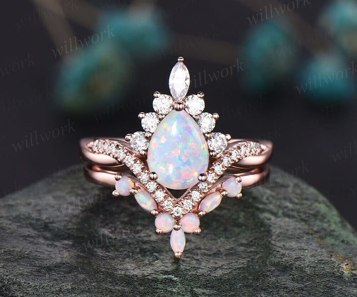 Opal ring gold women vintage pear opal engagement ring set rose gold marquise ring set Twisted moissanite ring dainty custom wedding ring