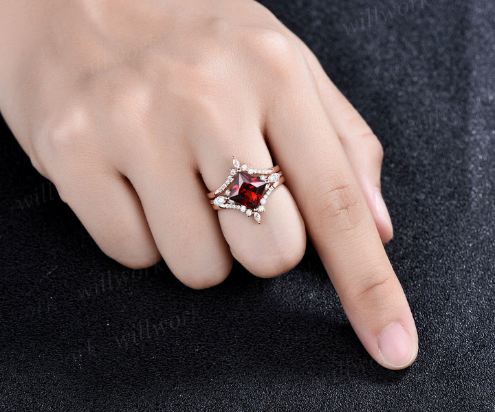Princess cut garnet ring vintage red garnet engagement ring set rose gold marquise unique engagement ring for women moissanite promise ring