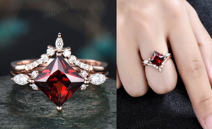 Princess cut garnet ring vintage red garnet engagement ring set rose gold marquise unique engagement ring for women moissanite promise ring