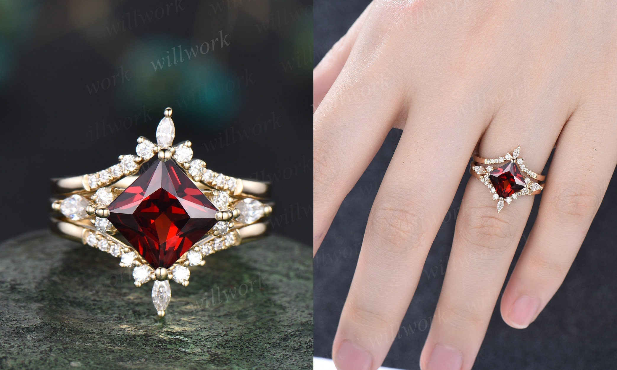 Vintage Princess Cut Garnet Diamond Engagement Ring, 14K Rose Gold cheapest January Birthstone Wedding Promise Ring Unique Moissanite Ring for Women