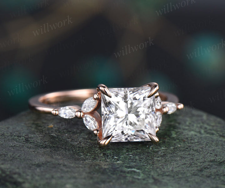 4ct moissanite ring unique princess cut moissanite engagement ring 14k rose gold flower art deco diamond ring women wedding promise ring