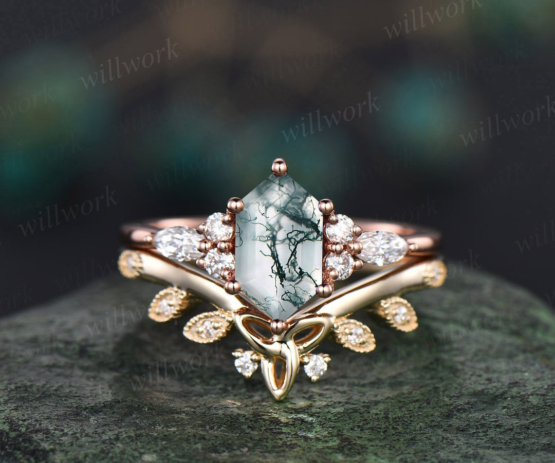 Vintage Long hexagon cut green moss agate engagement ring set 14k rose gold marquise cut diamond ring unique bridal wedding ring set women