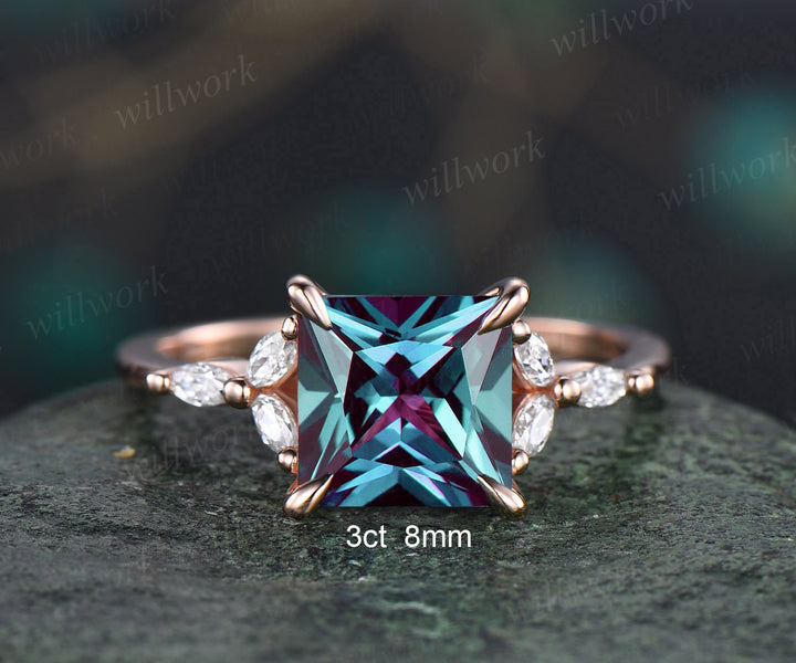 4ct Alexandrite ring unique princess cut engagement ring 14k rose gold flower marquise cut diamond ring women promise anniversary ring gifts