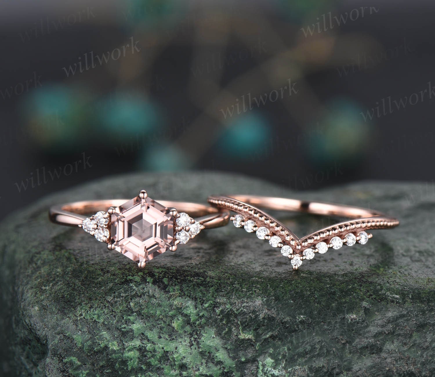 Hexagon cut pink Morganite engagement ring set for women 14k rose