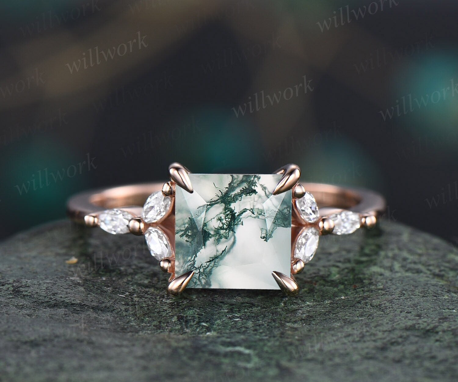 Princess Cut good Moss Agate Ring Rose Gold Moss Agate Infinity Engagement Ring Twist Diamond Eternity Band Antique Bridal Wedding Ring