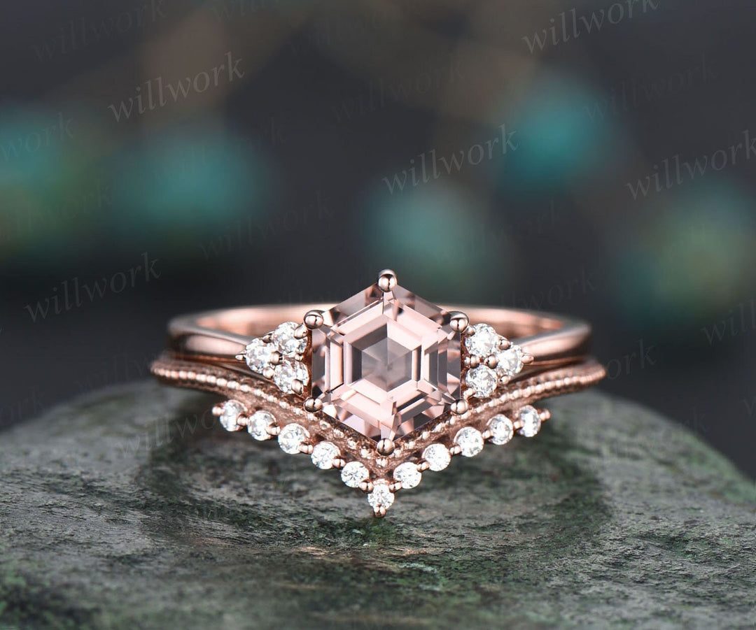 Hexagon cut pink Morganite engagement ring set for women 14k rose gold round diamond ring vintage unique bridal wedding promise ring set