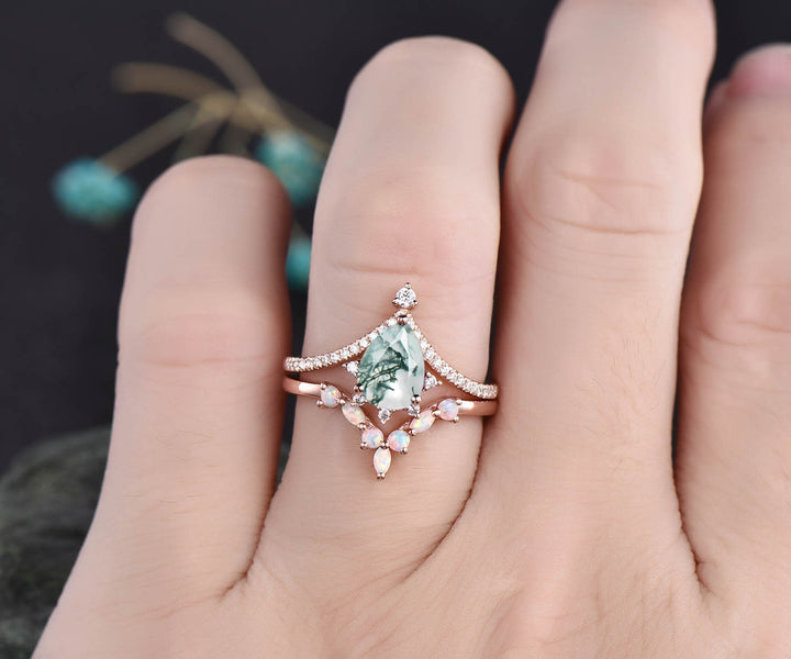 Pear shaped green moss agate ring cluster engagement ring set 14k rose gold moissanite opal ring women unique bridal anniversary ring set