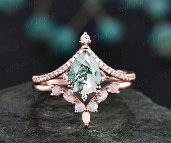 Pear shaped green moss agate ring cluster engagement ring set 14k rose gold moissanite opal ring women unique bridal anniversary ring set