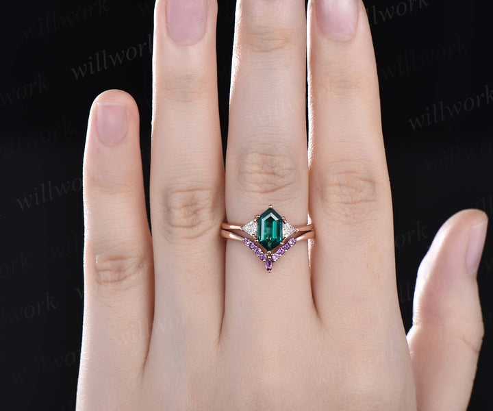 Amethyst emerald ring set women vintage three stone engagement ring set solid 14k rose gold 6 prong moissanite promise ring set her gifts
